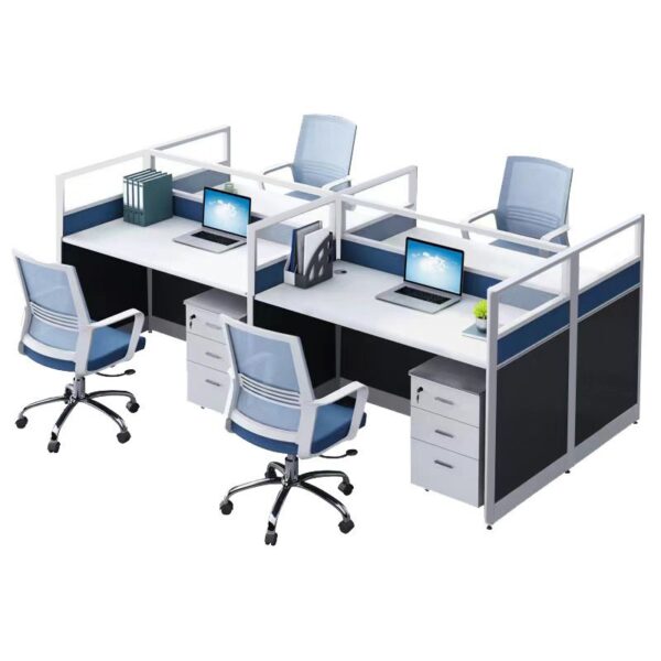 4-Way Modular Office Workstation with four interconnected desks, ergonomic design, and sound-absorbing panels.