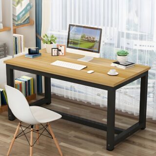 Wooden Top Modern Brown Writing Desk with spacious surface and minimalist design in a contemporary home office setting.