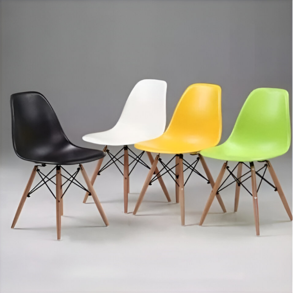 Eames Plastic Dining Seat with a sleek plastic shell and wooden legs, showcasing mid-century modern design.