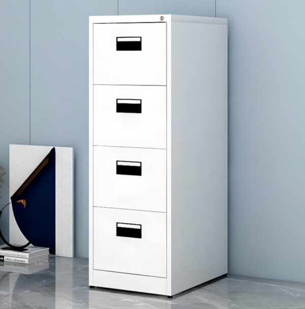 4-drawer steel filing cabinet with a sleek design, providing secure storage for office documents.