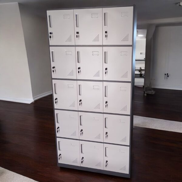 15-Locker Steel Staff Office Cabinet with individual secure lockers in a modern office setting.