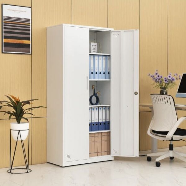 Steel Office Storage Cabinet with 2 doors and adjustable shelves, perfect for organizing office supplies and documents.