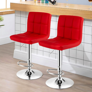 Red PU leather adjustable barstool with a padded seat and chrome base, perfect for modern kitchens and bars.