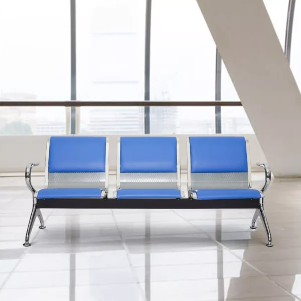 3-Link Padded Blue Waiting Bench in a modern waiting room setting, showcasing its sleek design and comfortable seating.