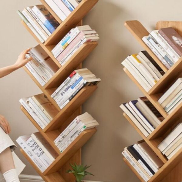 8-Shelve Wooden Office Bookshelf showcasing books and decorative items in a modern office setting.