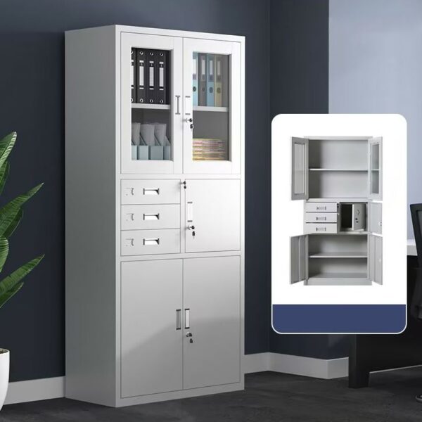 2-Door Metallic Office Storage Cabinet with adjustable shelves and a sleek design in a modern office setting.