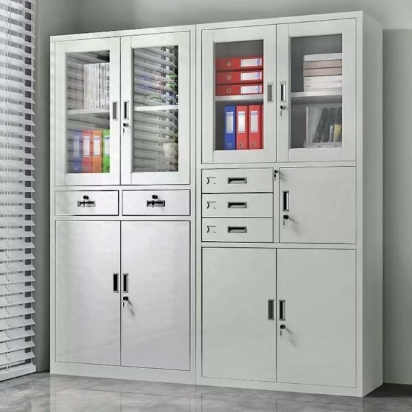 2-Door Metallic Office Storage Cabinet with adjustable shelves and a sleek design in a modern office setting.