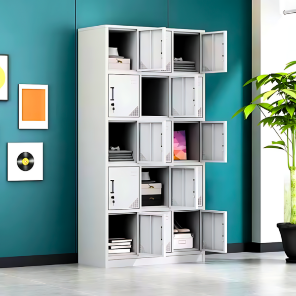 15-Locker Steel Staff Office Cabinet with individual secure lockers in a modern office setting.