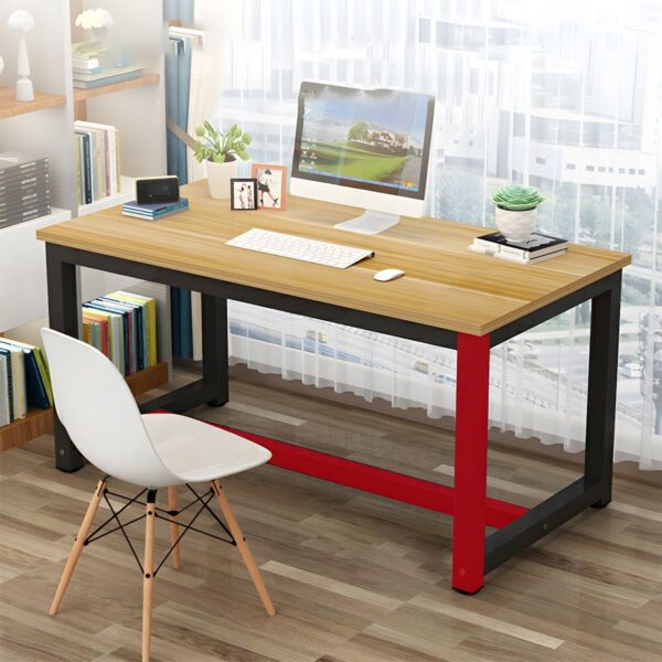 Wooden Top Modern Brown Writing Desk with spacious surface and minimalist design in a contemporary home office setting.