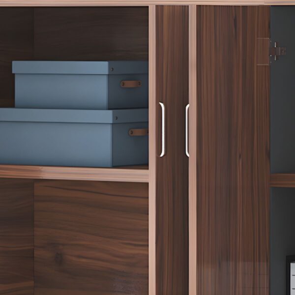 2-Door Wooden Credenza Cabinet in a modern office setting, showcasing its elegant design and spacious storage.