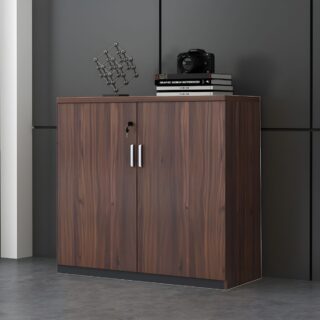 2-Door Wooden Credenza Cabinet in a modern office setting, showcasing its elegant design and spacious storage.