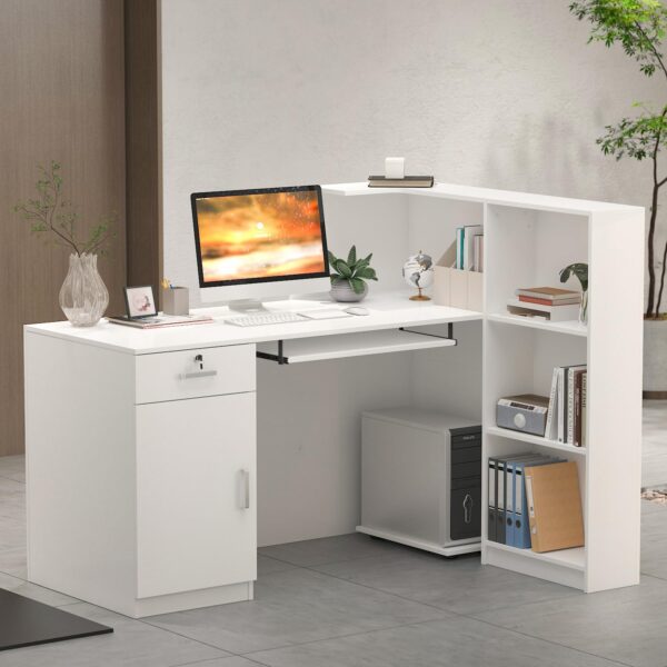 Rectangular Wood Reception Office Desk with spacious tabletop and built-in storage, ideal for professional office environments.