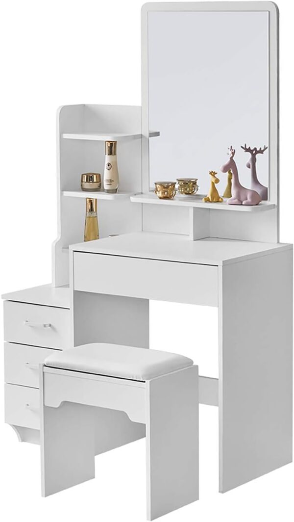 Elegant Vanity Bedroom Dressing Table with a mirror and drawers, styled in a modern bedroom setting.