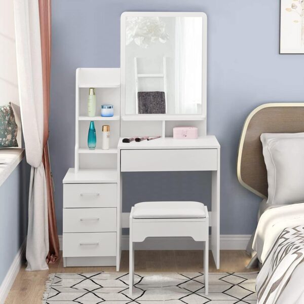 Elegant Vanity Bedroom Dressing Table with a mirror and drawers, styled in a modern bedroom setting.