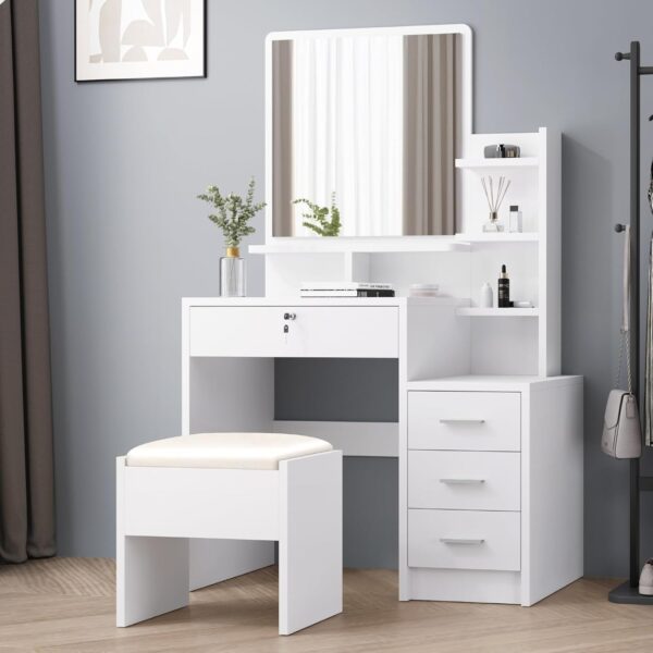 Elegant Vanity Bedroom Dressing Table with a mirror and drawers, styled in a modern bedroom setting.