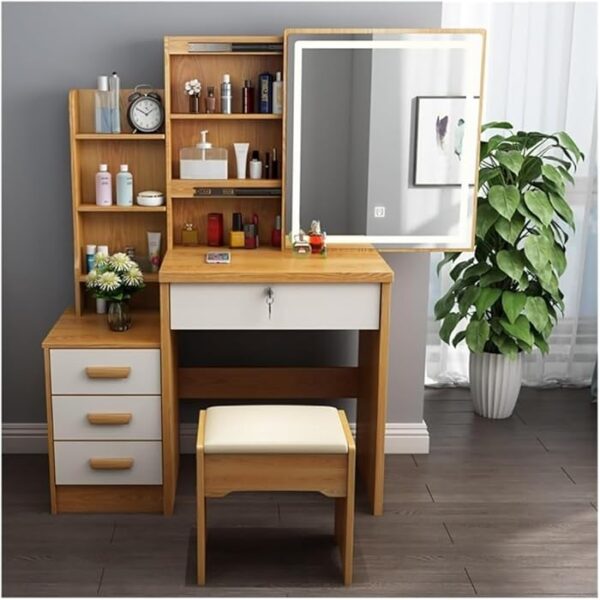 Dressing Table Set featuring a spacious tabletop, large mirror, and comfortable stool, ideal for any bedroom.