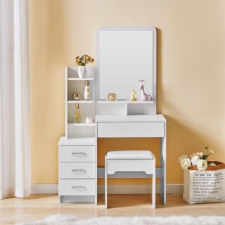 Elegant Vanity Bedroom Dressing Table with a mirror and drawers, styled in a modern bedroom setting.