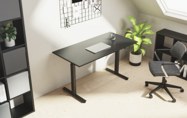 Adjustable height electric standing desk with a spacious tabletop and modern design, ideal for promoting better posture and productivity.