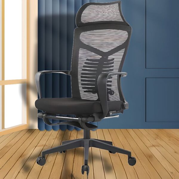 Ergonomic Swivel Office Chair with contoured seat and backrest, adjustable features, and modern design in a contemporary office setting.