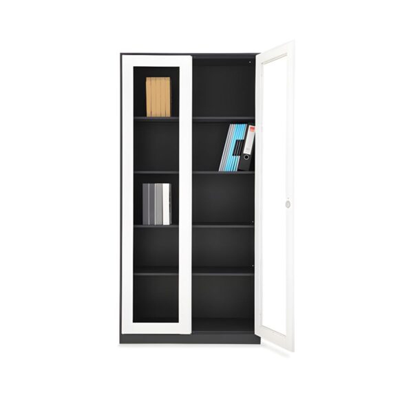 2-Door Full Glass Office Cabinet featuring sleek glass doors, adjustable shelves, and a modern design in a contemporary office setting.