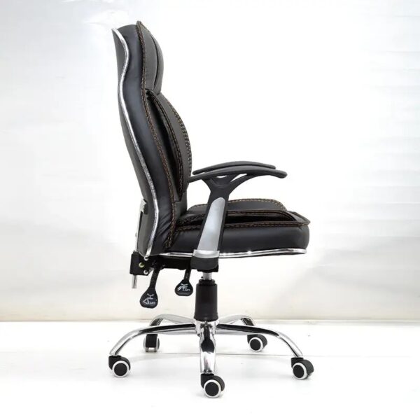 Generic orthopedic leather office seat featuring ergonomic design, adjustable height, and lumbar support in a modern office setting."