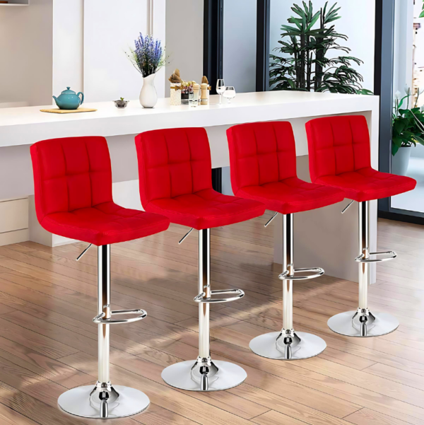 Red PU leather adjustable barstool with a padded seat and chrome base, perfect for modern kitchens and bars.