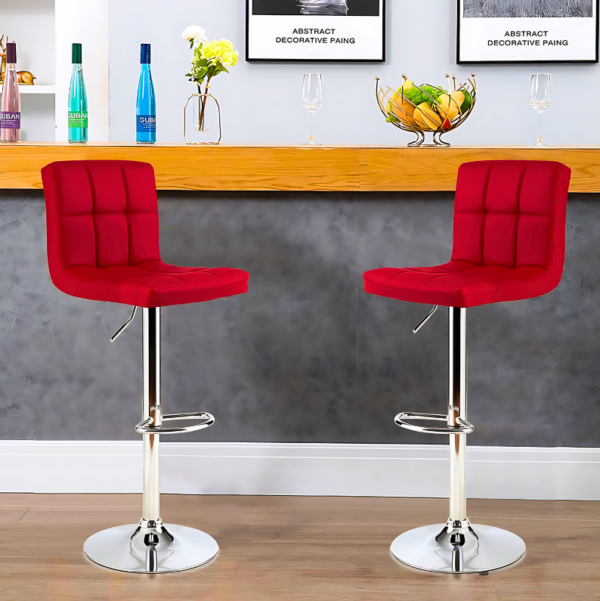 Red PU leather adjustable barstool with a padded seat and chrome base, perfect for modern kitchens and bars.