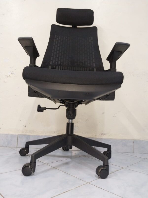 "Lama Orthopedic Office Seat with ergonomic design, adjustable features, and padded armrests in a contemporary office setting."