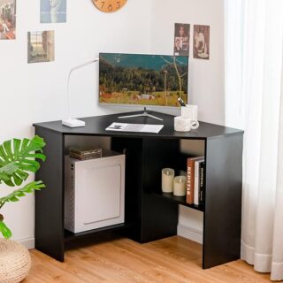 Home Office PC/Laptop Corner Table in a stylish home office setting, showcasing its compact design and functional features.