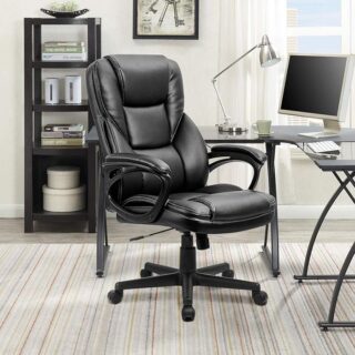 Black Leather Executive High-Back Seat in a modern office environment, showcasing its elegant design and ergonomic features.