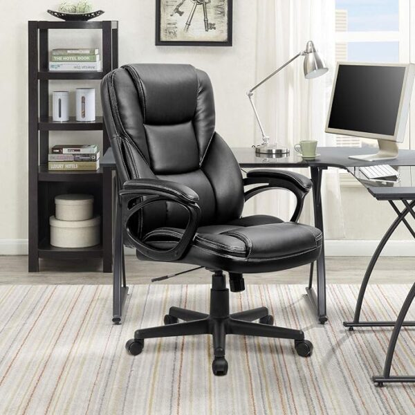 Black Leather Executive High-Back Seat in a modern office environment, showcasing its elegant design and ergonomic features.