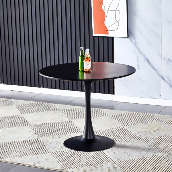 Black Modern Round Dining Table in a stylish dining room setting, showcasing its sleek design and contemporary appeal.