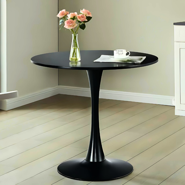 Black Modern Round Dining Table in a stylish dining room setting, showcasing its sleek design and contemporary appeal.