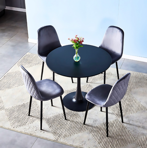 Black Modern Round Dining Table in a stylish dining room setting, showcasing its sleek design and contemporary appeal.