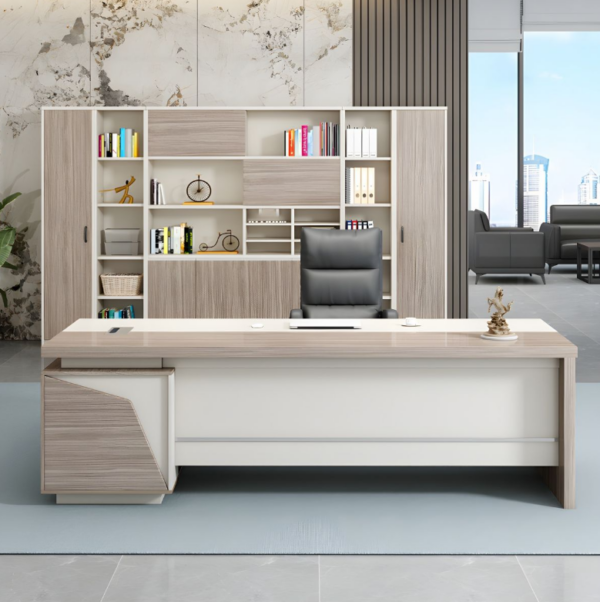 Luxurious Managers Modern Executive Desk in a contemporary office setting, showcasing its sleek design and integrated storage.