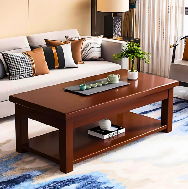 Modern solid wood coffee table with a natural finish and spacious tabletop, ideal for any living room decor.