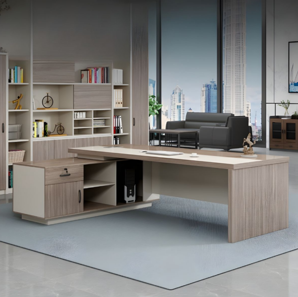 Luxurious Managers Modern Executive Desk in a contemporary office setting, showcasing its sleek design and integrated storage.