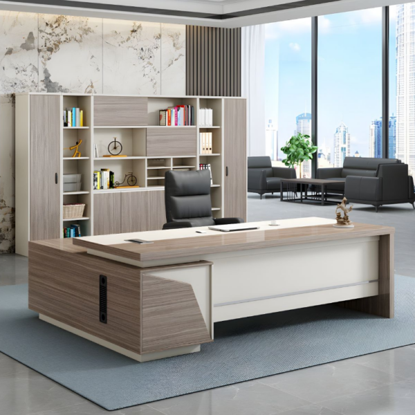 Luxurious Managers Modern Executive Desk in a contemporary office setting, showcasing its sleek design and integrated storage.