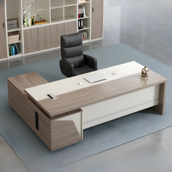 Luxurious Managers Modern Executive Desk in a contemporary office setting, showcasing its sleek design and integrated storage.