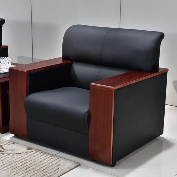 5-Seater Office Sofa with elegant mahogany armrests, designed for comfort and style.