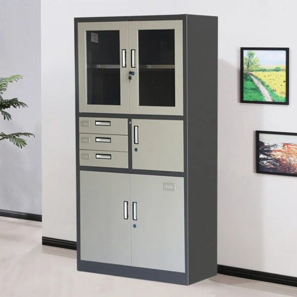 Powder coated 2-door storage cabinet with adjustable shelves, perfect for office organization and modern decor.