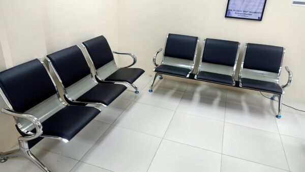 3-Way Semi-Padded Waiting Bench in a modern reception area, featuring sleek design and comfortable seating for three users.