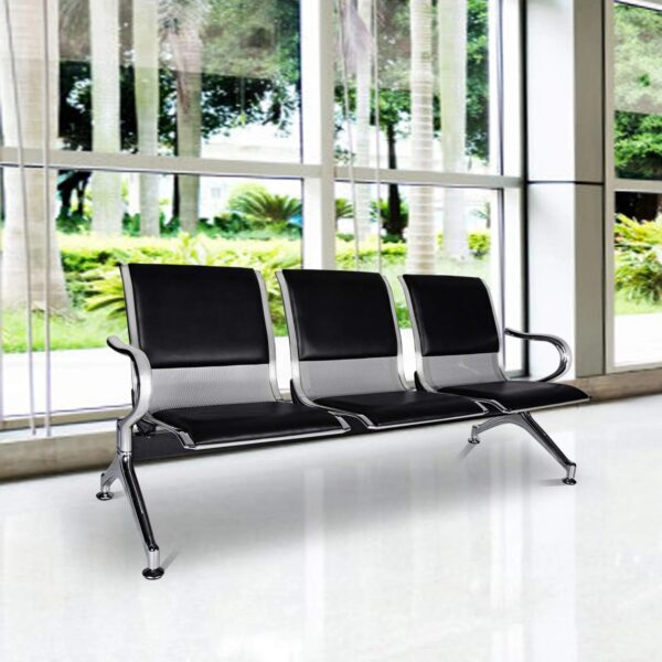 3-Way Semi-Padded Waiting Bench in a modern reception area, featuring sleek design and comfortable seating for three users.