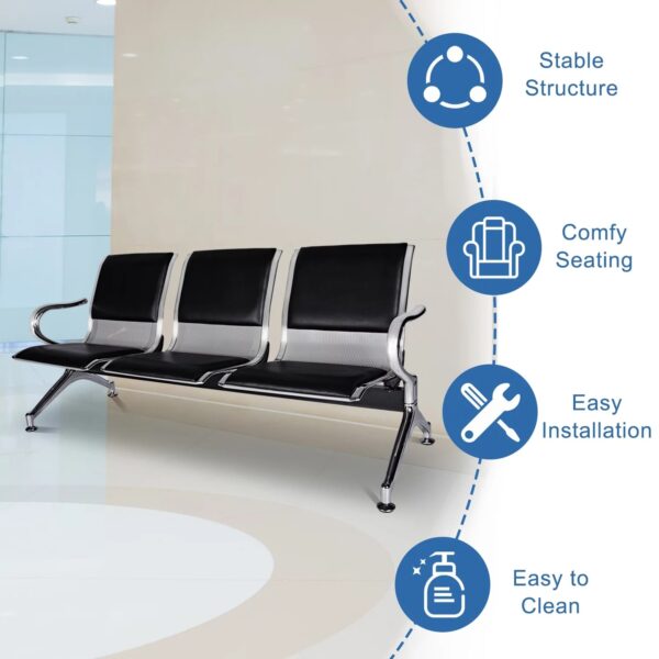 3-Way Semi-Padded Waiting Bench in a modern reception area, featuring sleek design and comfortable seating for three users.