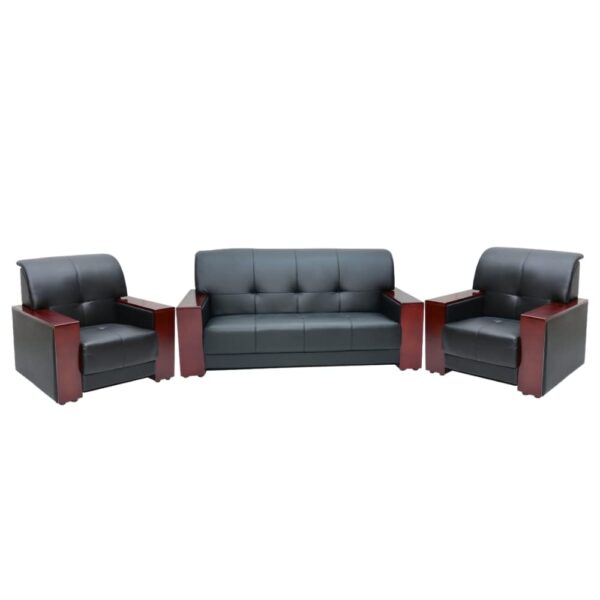 5-Seater Office Sofa with elegant mahogany armrests, designed for comfort and style.