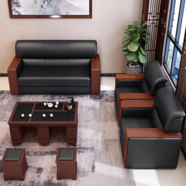 5-Seater Office Sofa with elegant mahogany armrests, designed for comfort and style.