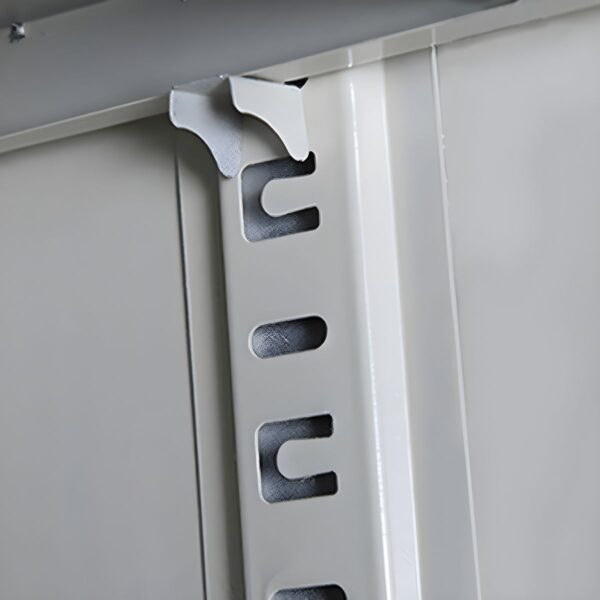 Steel Office Storage Cabinet with adjustable shelves and a secure locking system, set in a modern office environment.