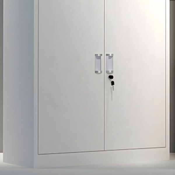 Steel Office Storage Cabinet with adjustable shelves and a secure locking system, set in a modern office environment.