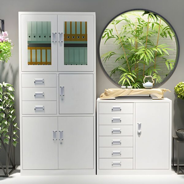 Steel Office Storage Cabinet with adjustable shelves and a secure locking system, set in a modern office environment.