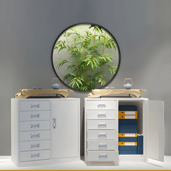 Steel Office Storage Cabinet with adjustable shelves and a secure locking system, set in a modern office environment.